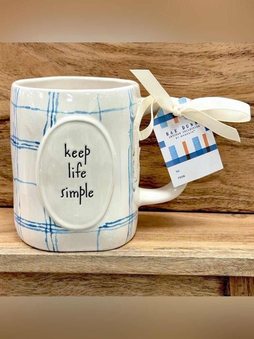 NWT Rae Dunn Gorgeous Blue And White “KEEP LIFE SIMPLE” Plaid Embossed Gift Mug